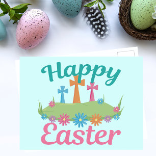 Happy Easter Beautiful Religious Flower Crosses Postcard
