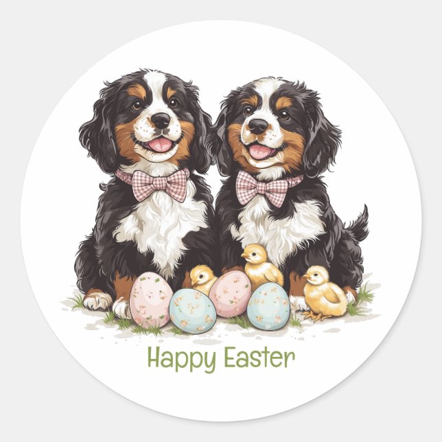 Happy Easter Bernese Mountain Dogs Easter Eggs Classic Round Sticker (Front)