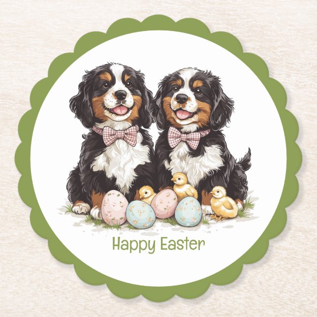 Happy Easter Bernese Mountain Dogs Easter Eggs Paper Coaster (Front)