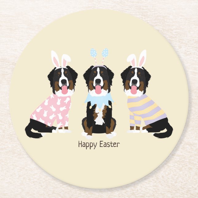 Happy Easter Bernese Mountain Dogs Round Paper Coaster (Front)