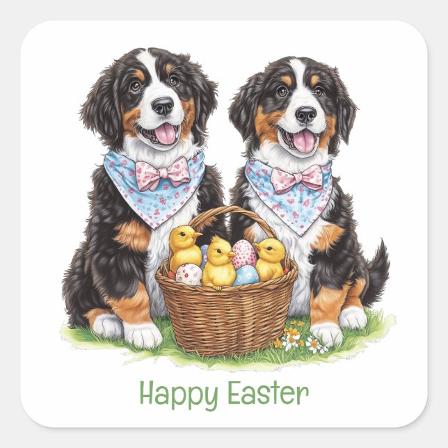 Happy Easter Bernese Mountain Dogs Square Sticker (Front)