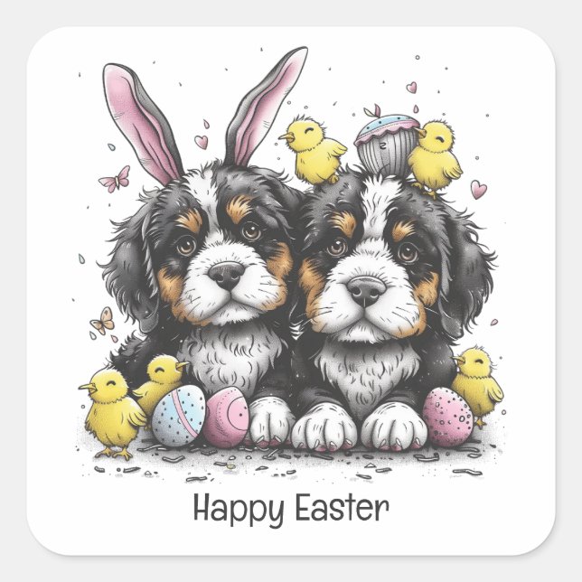 Happy Easter Bernese Mountain Dogs Square Sticker (Front)