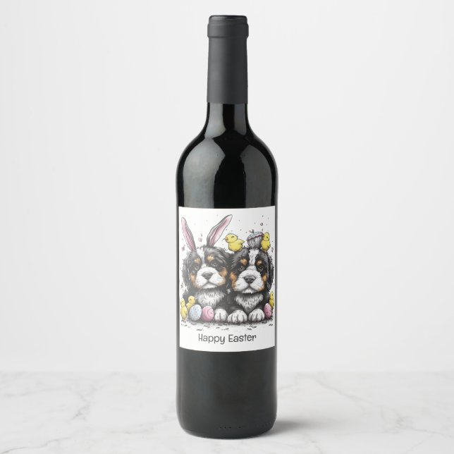 Happy Easter Bernese Mountain Dogs Wine Label (Front)