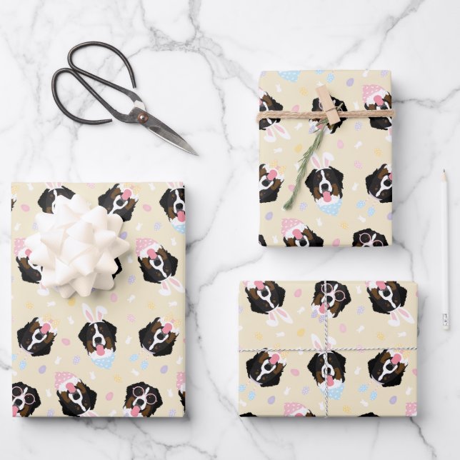 Happy Easter Bernese Mountain Dogs Wrapping Paper Sheet (Front)