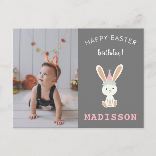 Happy easter birthday wishes cute bunny with photo holiday postcard (Front)