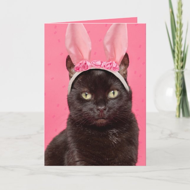 Happy Easter  Black Cat in Bunny Ears Holiday Card (Front)