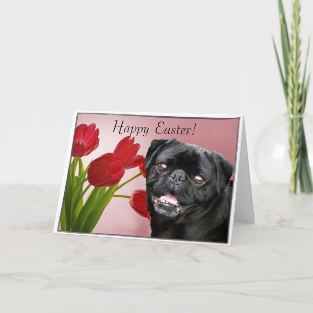Happy Easter Black pug dog greeting card (Front)