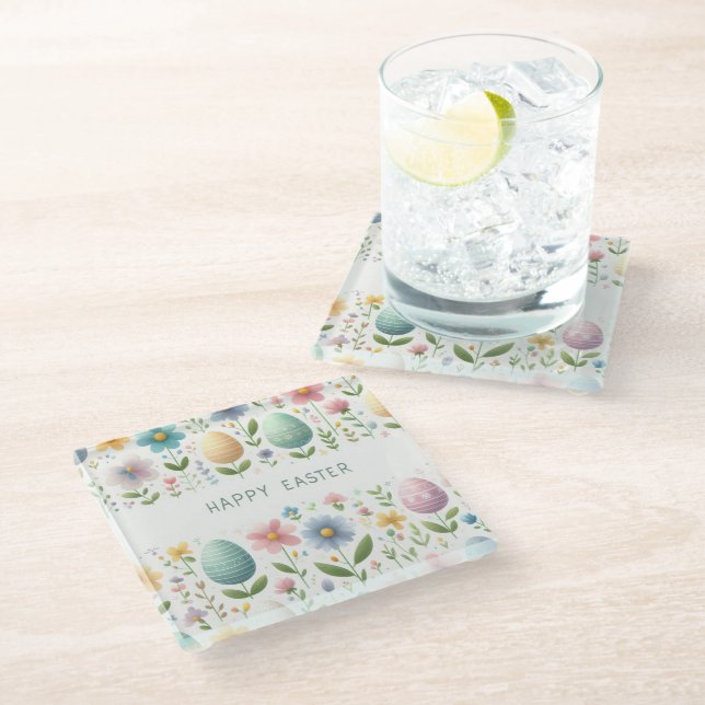 Happy Easter Blossoms Glass Coaster (Angled)