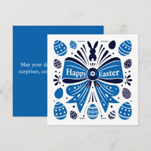 Happy Easter Blue Bow Folk Art Bunny & Eggs Spring Holiday Card