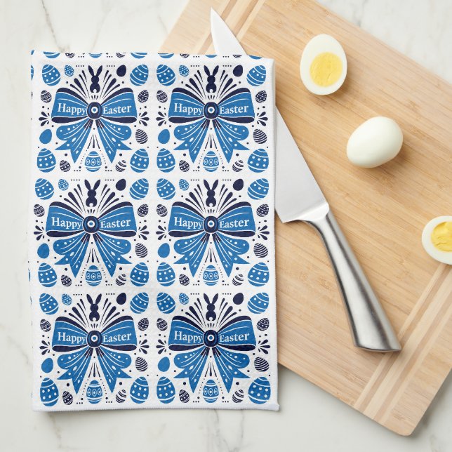 Happy Easter Blue Bow Folk Art Bunny & Eggs Spring Tea Towel (Quarter Fold)