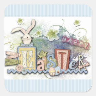 Happy Easter Blue Bunny & Flowers Stickers