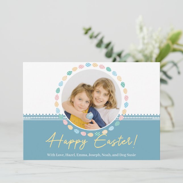 "Happy Easter" blue Easter Wreath Custom Photo Holiday Card (Standing Front)