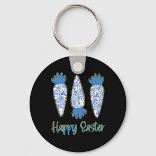 Happy Easter Blue Floral Chinoiserie Carrot Eggs E Key Ring
