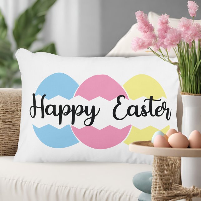 Happy Easter Blue, Pink And Yellow Easter Eggs Decorative Cushion (Happy Easter Color Pastel Eggs Accent Pillow)