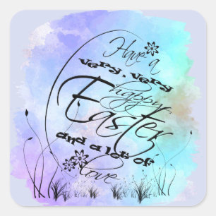 Happy Easter Blue Purple Calligraphy Illustration Square Sticker