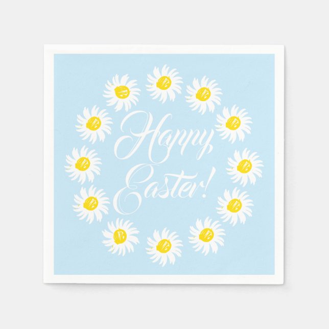 Happy Easter blue script cute daisy cheerful fun Napkin (Front)