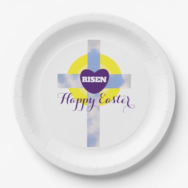 Happy Easter Blue Sky Cross Resurrection Day Paper Plate (Front)