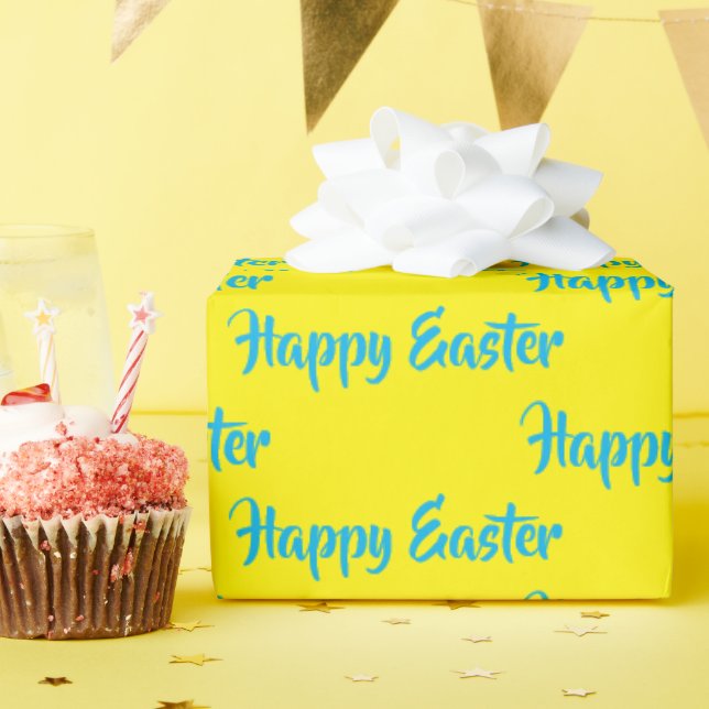 Happy Easter blue text on yellow Wrapping Paper (Birthday Party)
