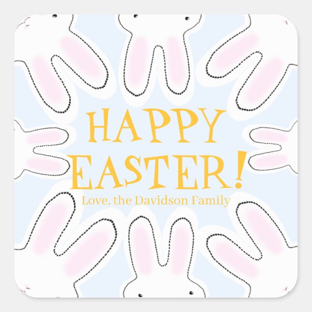 Happy Easter blue yellow custom text cute bunnies Square Sticker (Front)