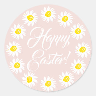 Happy Easter blush pink script cute daisies frame Classic Round Sticker
