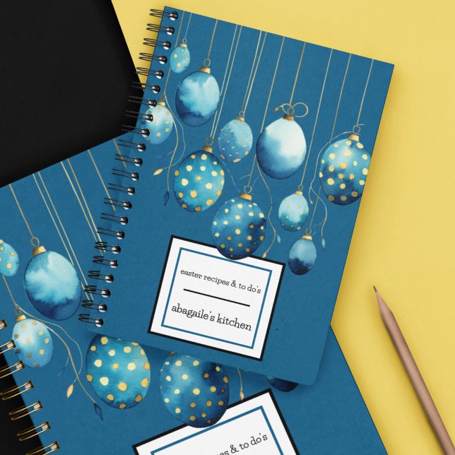 Happy Easter Bondi Blue Polka Dot Easter Eggs Notebook (Blue and gold easter eggs spiral notebook you can personalize for Easter gifts. )