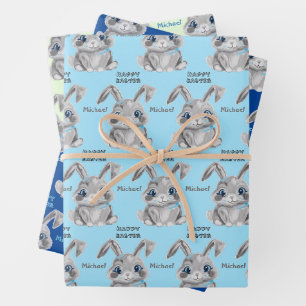 Happy Easter Boys Bunny Rabbit Blue And Green Wrapping Paper Sheet