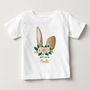Happy Easter! Brown Bunny Ears Floral Headpiece Baby T-Shirt