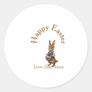Happy Easter brown bunny with eggs love add name Classic Round Sticker