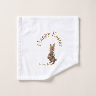 Happy Easter brown bunny with eggs love add name Wash Cloth