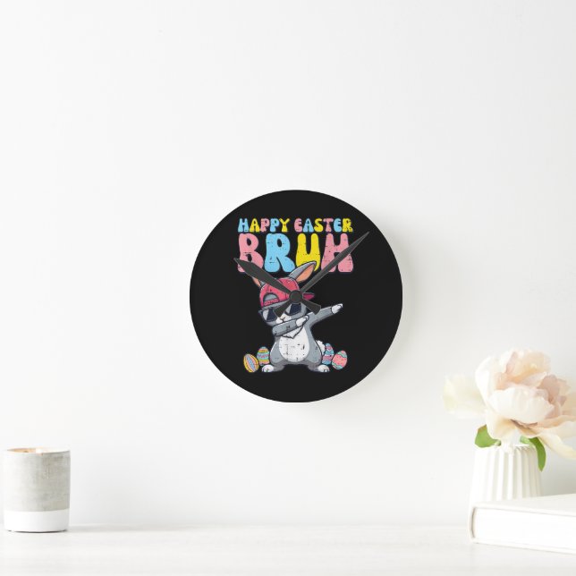 Happy Easter Bruh Bunny Dab Rabbit Dance Round Clock (Home)