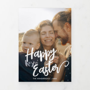 Happy Easter Brush Script Multi Photo Tri-Fold Holiday Card