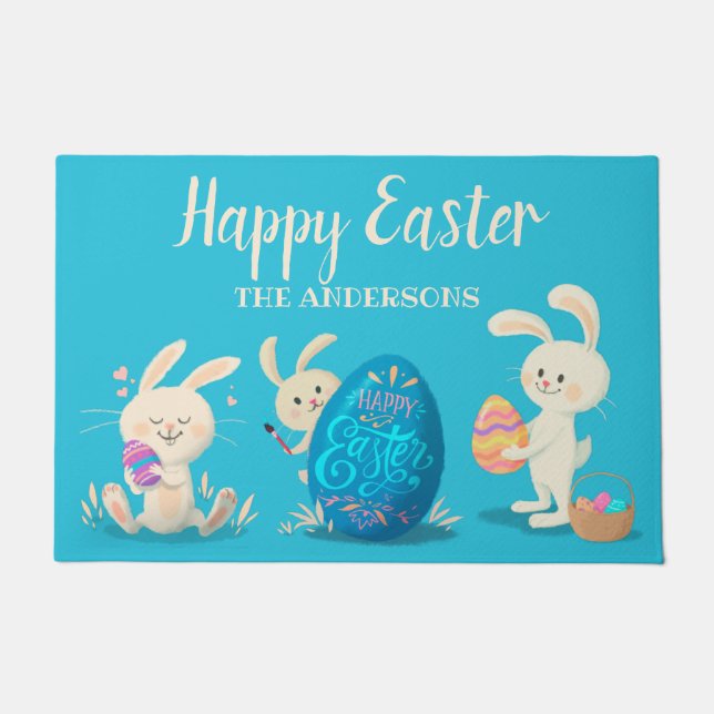 Happy Easter Bunnies and Easter Eggs Personalised Doormat (Front)