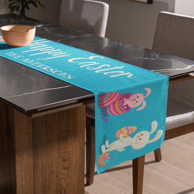Happy Easter Bunnies and Easter Eggs Personalised Short Table Runner (Creator Uploaded)