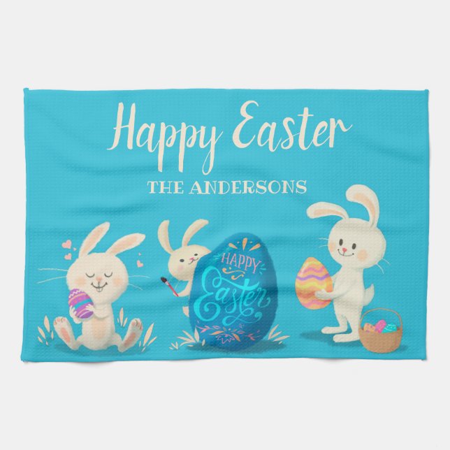 Happy Easter Bunnies and Easter Eggs Personalised Tea Towel (Horizontal)