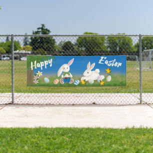 Happy Easter Bunnies and Painted Eggs Banner