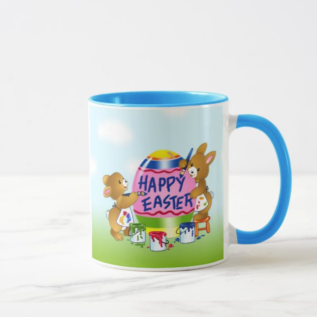 Happy Easter Bunnies decorating eggs Mug (Right)