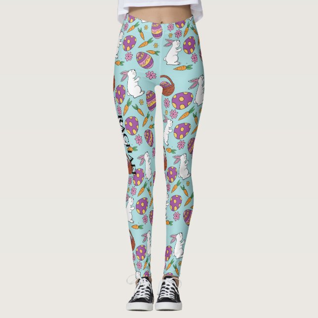 Happy Easter Bunnies Floral Pattern Egg SpringBlue Leggings (Front)
