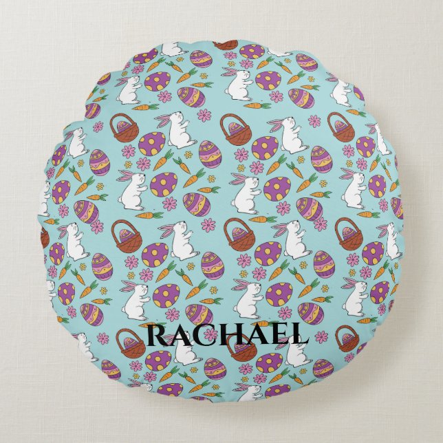 Happy Easter Bunnies Floral Pattern Egg SpringBlue Round Cushion (Front)
