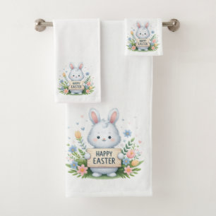 Happy Easter bunnies, hearts and wildflowers  Bath Towel Set