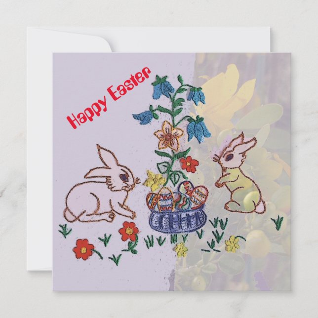 Happy Easter - Bunnies, Lilies and Eggs greeting Holiday Card (Front)