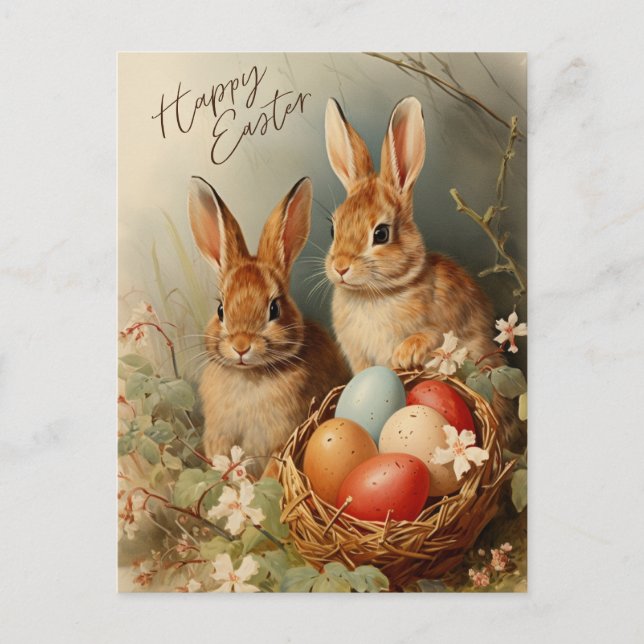 Happy Easter Bunnies with Easter Egg Basket  Holiday Postcard (Front)