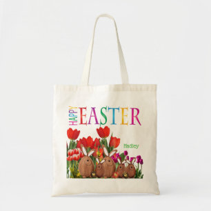 Happy Easter Bunnies with Tulips Tote Bag