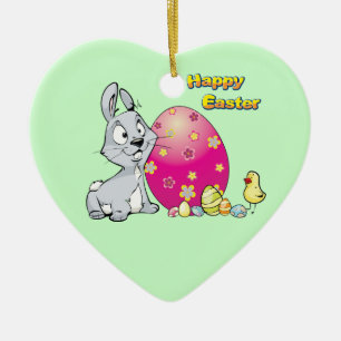 Happy Easter Bunny and Baby Chick Ceramic Ornament