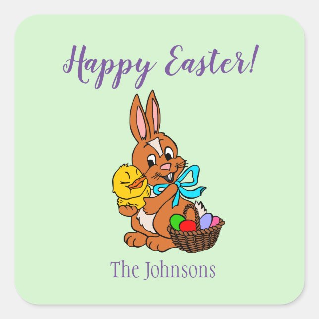 Happy Easter Bunny and Chick Square Sticker (Front)