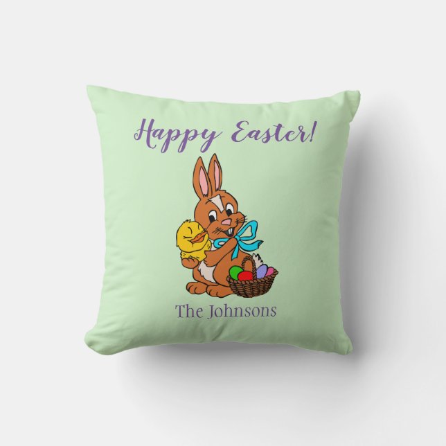 Happy Easter Bunny and Chick Throw Pillow (Front)