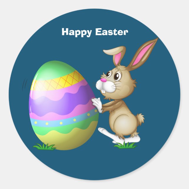 Happy Easter Bunny and Coloured Egg Classic Round Sticker (Front)