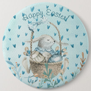 Happy Easter! Bunny and Egg Basket Watercolor Art 6 Cm Round Badge