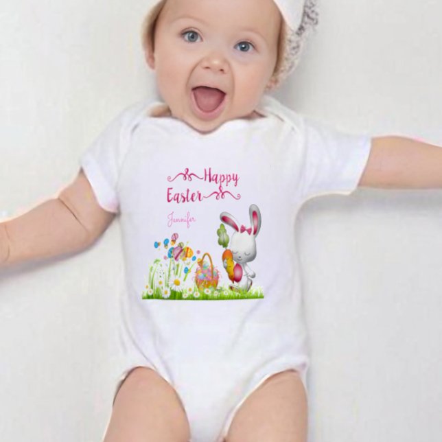 Happy Easter Bunny and Eggs Baby Girl Personalised Bodysuit (Creator Uploaded)