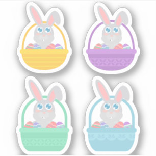 Happy Easter Bunny and Eggs in Basket Sticker Set