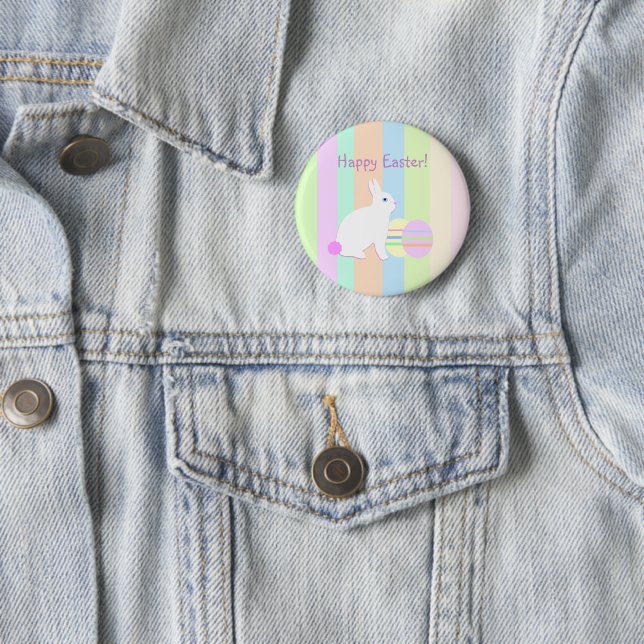 Happy Easter Bunny and Eggs on Stripes 6 Cm Round Badge (In Situ)